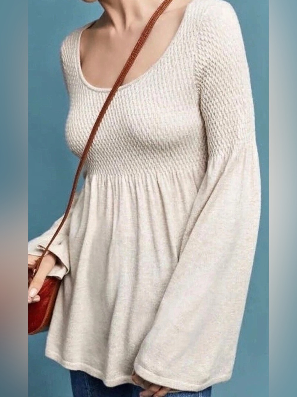 Knitted&Knotted Beige Textured Babydoll Bell Sleeve Sweater - Size XS